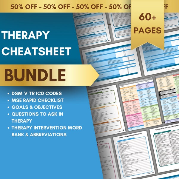 Therapy Cheatsheet Bundle | DSM 5 TR ICD 10 Codes | Therapy Goals | Mental Status Exam | Therapy Questions | Therapy Tools | Desk Reference