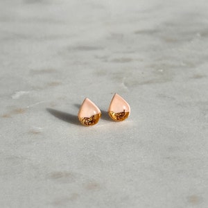 Teardrop blush gold foiled studs | Dainty blush drop earrings with hypoallergenic posts | Modern polymer clay jewelry