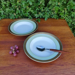 Royal Copenhagen DAGMAR Set of 2 Vintage Deep Plate, Royal Crown,  Pale sage green with Gold. Denmark Premium first class