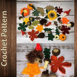Könnte beinhalten: Eine Sammlung handgefertigter gehäkelter Herbstartikel, darunter Blätter, Kürbisse, Pilze und eine Sonnenblume. Die Artikel sind in verschiedenen Farben wie Orange, Grün, Gelb und Braun gehalten. Der Text "Crochet Pattern" ist sichtbar.