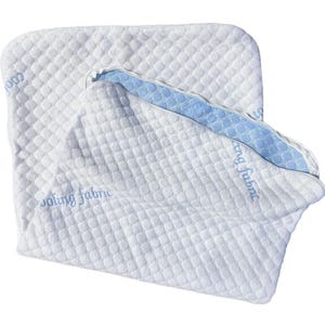 May include: White pillow with a blue and white quilted design. The pillow has the text "cooling fabric" embroidered on it.