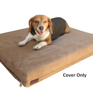 May include: A brown dog bed cover with a zipper. The cover is made of a soft, suede-like material. The text "Cover Only" is printed on the cover.