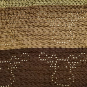 May include: Close-up of a crocheted fabric with a brown and beige color scheme. The fabric has a repeating pattern of small holes, creating a delicate and airy texture.