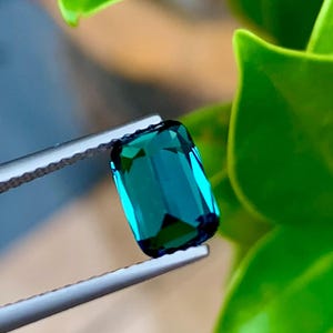 May include: A vibrant green gemstone with a rectangular cut, held by tweezers against a green leafy background.