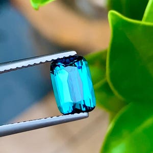 May include: A vibrant blue-green gemstone with a rectangular cut, held in tweezers against a green leafy background.