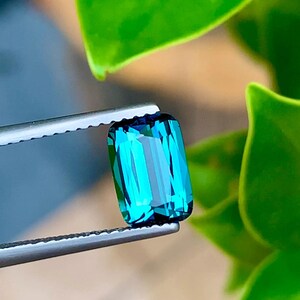May include: A vibrant green gemstone with a rectangular cut, held in tweezers against a green leafy background.