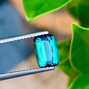 May include: A vibrant blue-green gemstone with a rectangular shape, held in tweezers against a green leafy background.