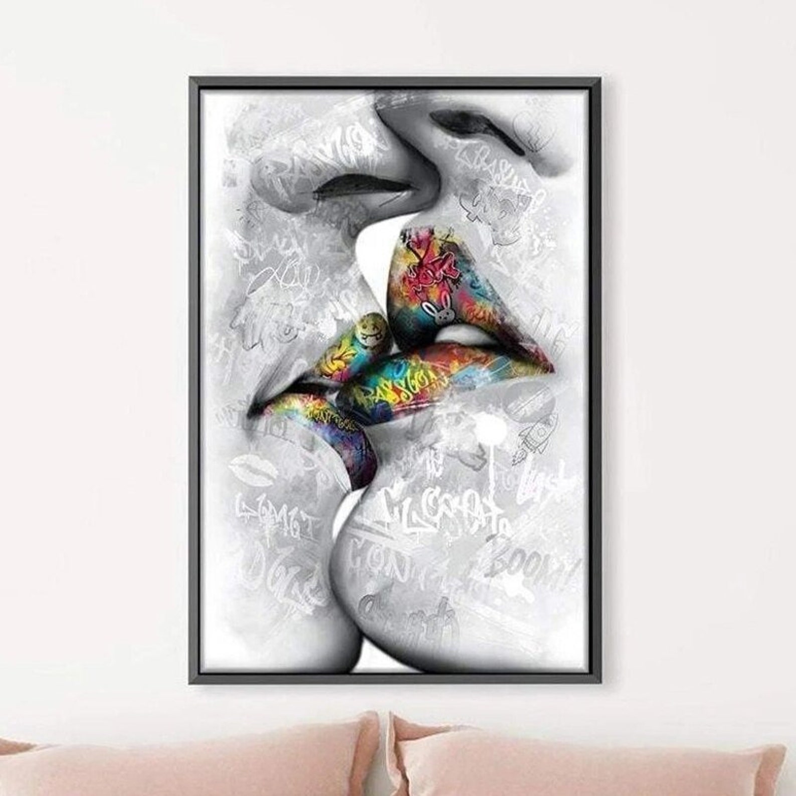 Lover Kissing Graffiti Art Canvas Prints Painting Modern Etsy