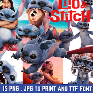 Pacchetto personaggi Lilo e Stitch JPG, Nuovo film Stitch PNG, ClipArt Stitch, Font TTF, per design HD