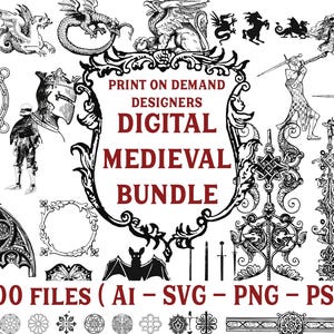 Pacchetto Castello Medievale, Cavaliere Vintage, File da Taglio, Contorno Artistico, Schizzo Medievale, Clipart, Castelli, AI, Svg, Png, Psd, Stampa