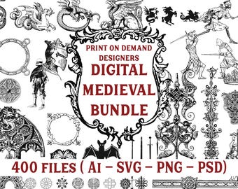 Medieval castle pack, vintage knight, cutting files, art outline, medieval sketch, clipart, castles, AI Svg Png Psd, print