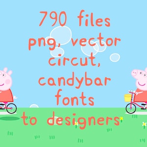 Può includere: Grafica digitale con il testo "790 file png, vettoriale, circuito, font candybar per designer" in arancione su sfondo azzurro. Due maiali dei cartoni animati vanno in bicicletta.