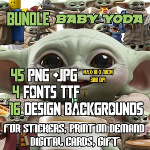 Paquete de imágenes PNG de Baby Yoda para pegatinas print on demand Mandalorian Grogu tarjetas digitales stickers diseño cumpleaños