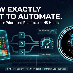 May include: A digital graphic with the text KNOW EXACTLY WHAT TO AUTOMATE. Expert Audit + Prioritized Roadmap — 48 Hours. It features a clipboard labeled AUDIT REPORT, a numbered process flow, an ROI gauge, and a circular Brixkraft 2018 logo.
