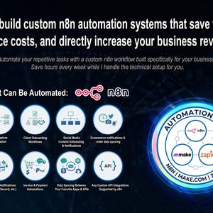 May include: A dark blue graphic with white text promoting custom n8n automation systems. The text highlights saving time, reducing costs, and increasing revenue. Icons illustrate automation capabilities, including lead capture, client onboarding, and API integrations.
