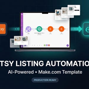 Peut inclure: Un écran d'ordinateur portable affiche un processus d'automatisation des annonces Etsy avec une série d'étapes et une icône de robot alimentée par l'IA. L'image comprend le logo Etsy et le texte "ETSY LISTING AUTOMATION" et "PRODUCTION READY".