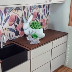 Miniature rabbit flower pot; miniature furniture and accessories