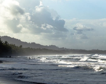 Costa Rica Beach Art Photo Print with White Surf and Full Clouds Over Playa Negra With Lone Swimmer |Surfers Beach | Ocean Pictures