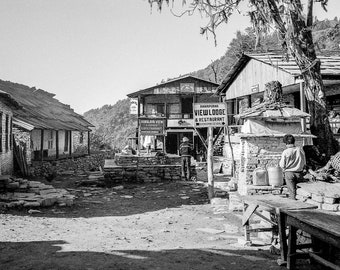 Ghorepani in the Himalaya on the Annapurna Trail in Nepal with Mt. Everest| Black and White Photo Print | Travel Photography | Vintage Photo