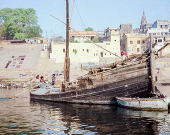 Varanasi | Benaras On the Ganges River Art Photography | Old Boat Along the Shore With Laundry In the Background