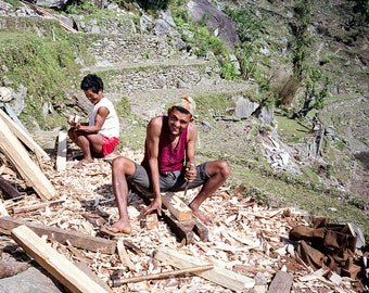 Carpenter on the Annapurna Trail in the Himalaya Mountains | Black and White Photo Print | Travel Photography | Vintage Photo | Nepal Art