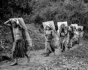 Women Carrying Slate on Annapurna Trail in the Himalaya | Black and White Photo Print | Travel Photography | Vintage Photo | Nepal Art