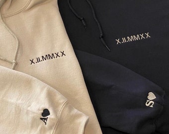 Roman numerals embroidered sweatshirt/hoodie with initials on the sleeve / Couple hoodies / Personalizable