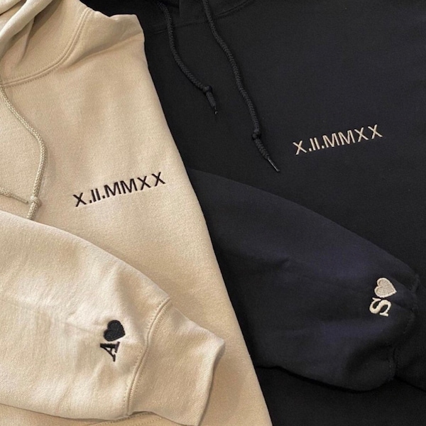 Roman numerals embroidered sweatshirt/hoodie with initials on the sleeve / Couple hoodies / Personalizable