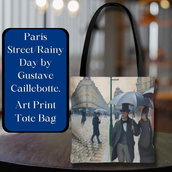 Paris Street Rainy Day Art Print Tote Bag Pintura francesa Impresión Tote Book Bag Idea de regalo Bolsa diaria Bolsas de arte Regalo de arte Ideas de regalos de vacaciones
