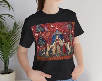 Camiseta "A Dama e o Unicórnio" Mon Seul Desir Tee, Camiseta de Arte Medieval em Tapeçaria, Roupa Unissex, Camiseta de História da Arte, Camisetas Confortáveis com Estampas, Presente