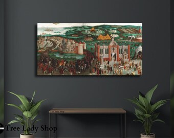 Pode incluir: Uma impressão emoldurada de uma pintura histórica que retrata uma cena movimentada com um grande edifício, figuras e uma paisagem. A obra de arte apresenta uma variedade de cores, incluindo vermelho, verde e castanho. A impressão é exibida em uma parede cinza escuro.