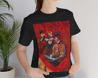Pode incluir: T-shirt preto com uma estampa de uma pintura vintage retratando figuras em um ambiente teatral. A obra de arte é renderizada em tons de vermelho, marrom e azul, com foco no público e no palco.