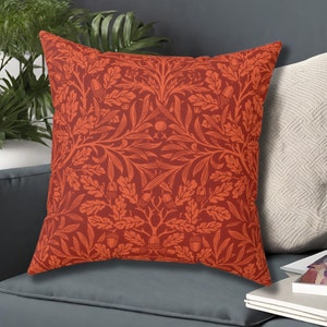 William Morris Acorns and Oak Leaves Pillow Cover and Pillow Insert Included Red Orange Small or Large Throw Pillow Floor Entryway Decor