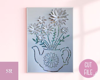 SVG: 3D flowers in a tea pot. 2 designs. Digital download. Paper cutting. Pop up svg. 3d svg.