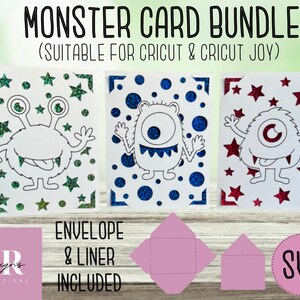 SVG: Monster Einlage Kartenpaket. Cricut Joy freundlich. Jungs Kartenpaket. Umschlagschablone inklusive. Monsterkarte. Cricut Joy Geburtstag. SVG