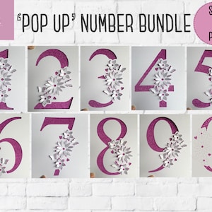 SVG: Pop-up / 3D-nummerbundel. Nummers 0-9. Nummer verschijnt. Bloemen duiken op. Pop-up nummers. Kaart pop-up. 3D-geknipt bestand. Kaarten maken. SVG. Png.
