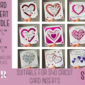 SVG: Pacote de cartões de inserção para o Dia dos Namorados. 9 projetos. Cartão de inserção Cricut S40. Cartão de dia dos namorados svg. Modelo de cartão de dia dos namorados e envelope.