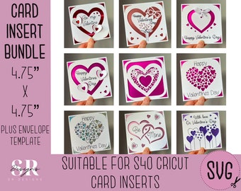 SVG: Paquete de tarjetas de inserción de San Valentín. 9 diseños.  Tarjeta de inserción Cricut S40. Tarjeta de San Valentín svg. Plantilla y sobre de tarjeta de San Valentín.
