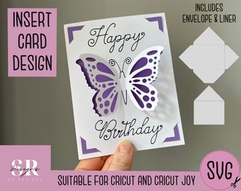 SVG: Birthday butterfly insert card. Cricut Joy friendly. Draw and cut card design. Envelope template included. Cricut Joy Birthday card SVG