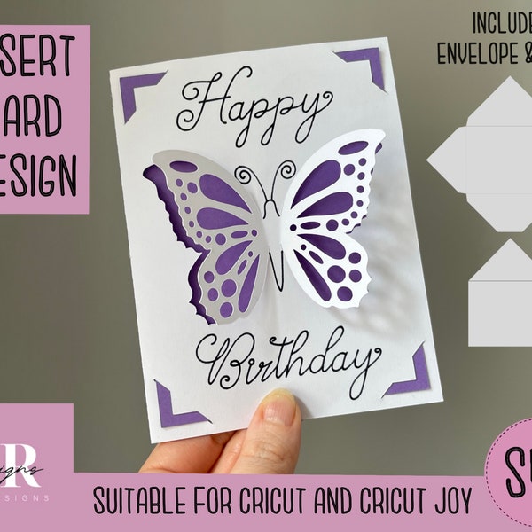 SVG: Birthday butterfly insert card. Cricut Joy friendly. Draw and cut card design. Envelope template included. Cricut Joy Birthday card SVG
