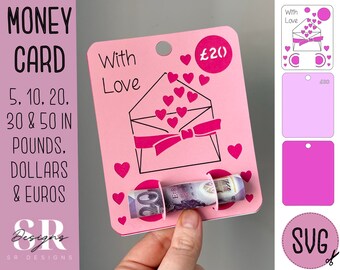 May include: Pink card with a white envelope and hearts, a rolled up twenty pound note, and the text "With Love" and "£20".