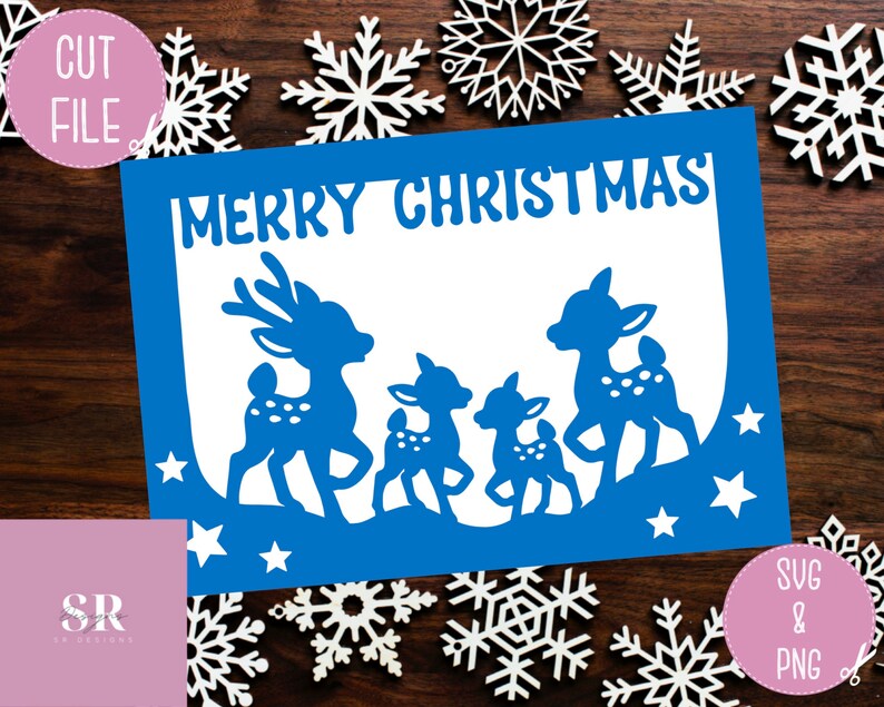 May include: Blue card with the text "Merry Christmas" and a silhouette of four reindeer. The reindeer are in a line, with the largest reindeer in the front and the smallest reindeer in the back. The card is decorated with white stars.