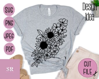 May include: Black and white graphic design of a sunflower and other flowers. The design is on a grey t-shirt. The t-shirt is on a white background.