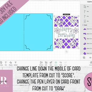 May include: Digital birthday card design, showing a light blue card template and a decorative front with a lattice pattern, butterflies, and the words "Happy Birthday." The design is displayed on a digital interface.