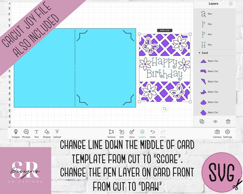 May include: Digital birthday card design, showing a light blue card template and a decorative front with a lattice pattern, butterflies, and the words "Happy Birthday." The design is displayed on a digital interface.