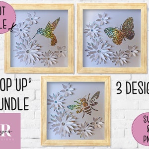 SVG: 'pop up'/ 3D Floral Bundle. Karten-Schneidedatei. 3D Hummel. 3D Schmetterlingssvg. Pop up Svg. Geeignet für tiefgehende Boxrahmen.