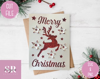 SVG: Tarjeta de Navidad 3D / 'pop-up'. Tarjeta de reno. Feliz Navidad. Tarjeta emergente. Emergente svg. SVG/PNG.