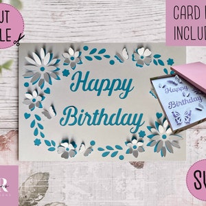 SVG: Birthday card digital download. Happy birthday. Pop up card. Pop up flowers. 3D butterfly.