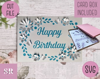 SVG: Birthday card digital download. Happy birthday. Pop up card. Pop up flowers. 3D butterfly.