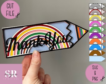 SVG: Layered Rainbow Pencil. Digital download. Paper cutting. Teacher appreciation card. Layered Pencil svg. 3D Pencil. 3D SVG.